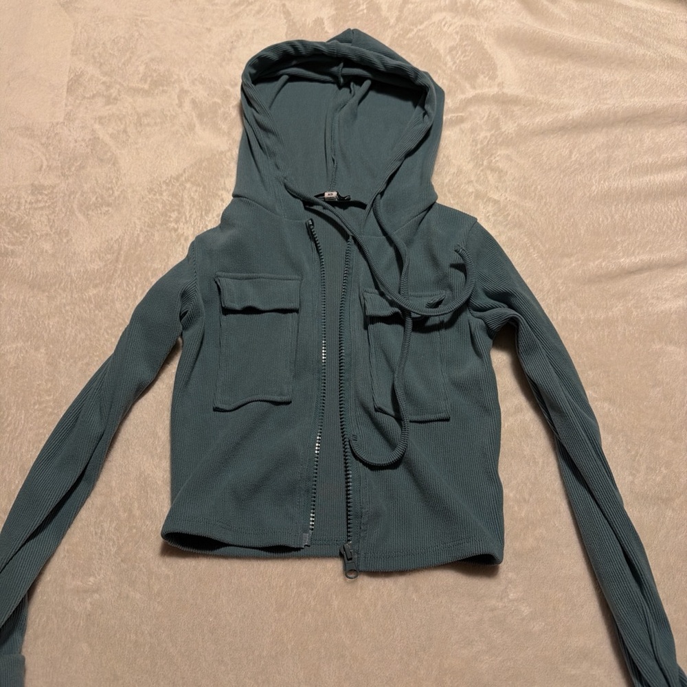 Fashion Nova Teal Hooded Utility Zip Jacket